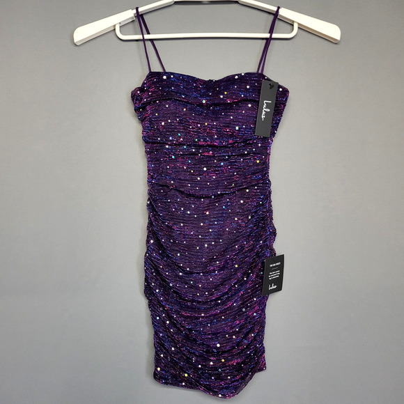 Lulus Mini Dress Womens XS Purple Sequin Ruched Bodycon Spaghetti Strap Party - Picture 1 of 11
